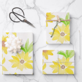 水彩ひまわり緑の黄色のパターン ラッピングペーパーシート