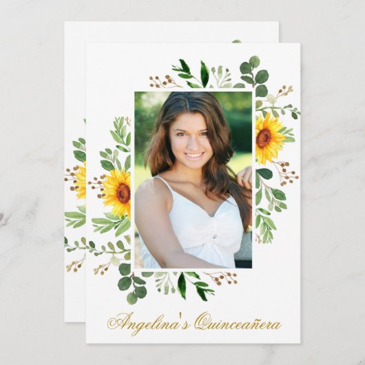 水彩ひまわり緑色写真キンセアニェラ 招待状 (正面/裏面)