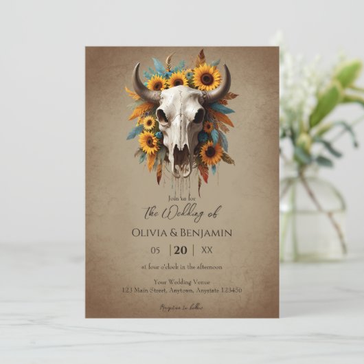 水彩ひまわり羽毛スカル結婚ズ 招待状 (スタンド正面)