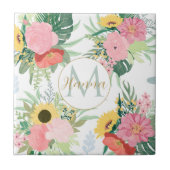 水彩ひまわり花とケシ植物学 タイル (正面)