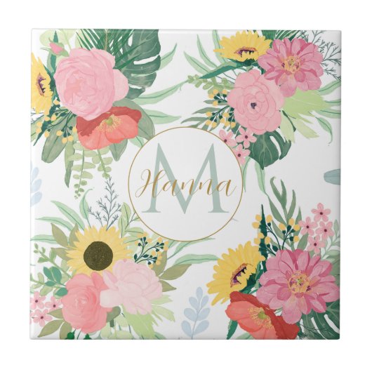 水彩ひまわり花とケシ植物学 タイル (正面)