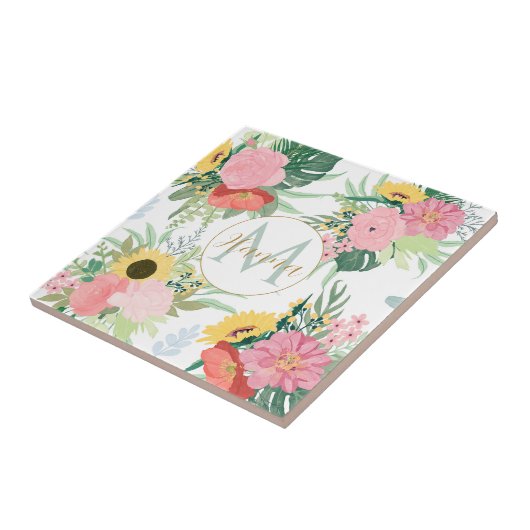 水彩ひまわり花とケシ植物学 タイル (側面)