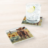 水彩ひまわり花とハイランドカーフ ガラスコースター (アングル)