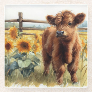 水彩ひまわり花とハイランドカーフ ガラスコースター