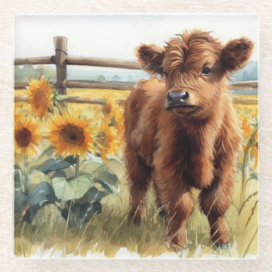 水彩ひまわり花とハイランドカーフ ガラスコースター (正面)