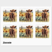 水彩ひまわり花とハイランドカーフ スクエアシール (シート)