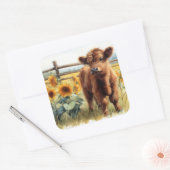 水彩ひまわり花とハイランドカーフ スクエアシール (封筒)