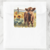 水彩ひまわり花とハイランドカーフ スクエアシール (バッグ)