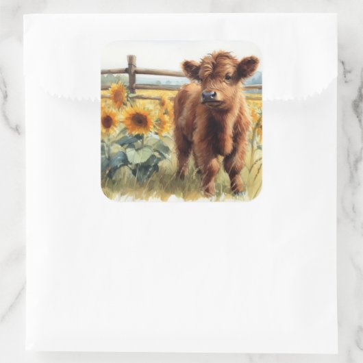 水彩ひまわり花とハイランドカーフ スクエアシール (バッグ)
