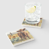 水彩ひまわり花とハイランドカーフ ストーンコースター (横)