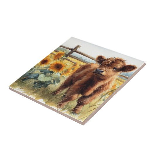 水彩ひまわり花とハイランドカーフ タイル (側面)