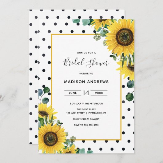 水彩ひまわり花と水玉模様ブライダルシャワー 招待状 (正面/裏面)