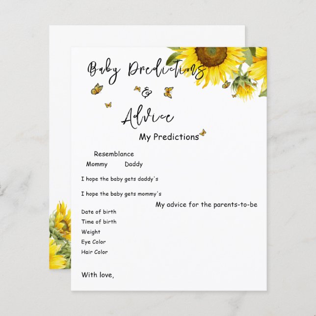 水彩ひまわり花と蝶の赤ちゃんシャワーゲーム (正面/裏面)