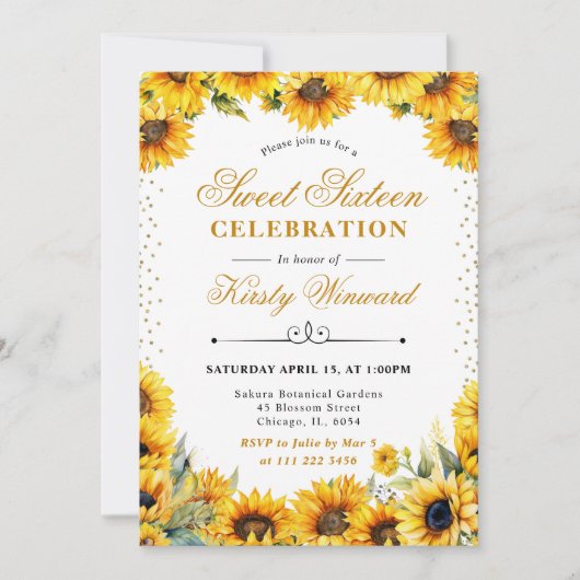 水彩ひまわり花と金ゴールドグリッタースイーツ16 招待状 (正面)