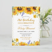 水彩ひまわり花と金ゴールドグリッター誕生日 招待状 (スタンド正面)