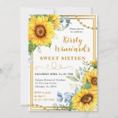 水彩ひまわり花と金ゴールドフレーム甘い16 招待状 (正面)