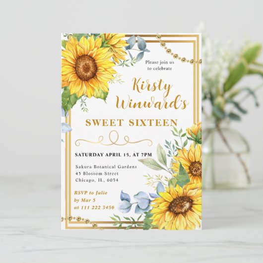 水彩ひまわり花と金ゴールドフレーム甘い16 招待状 (スタンド正面)