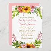 水彩ひまわり花のウェディング ゴールド ピンク 招待状 (正面/裏面)