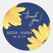 水彩ひまわり花ダークブルーミニマル結婚リスト ラウンドシール (正面)