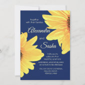 水彩ひまわり花ダークブルーミニマル結婚リスト 招待状 (正面)