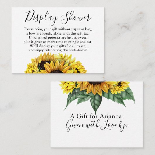 水彩ひまわり花ノーラップブライダルシャワーラベル エンクロージャーカード (正面/裏面)
