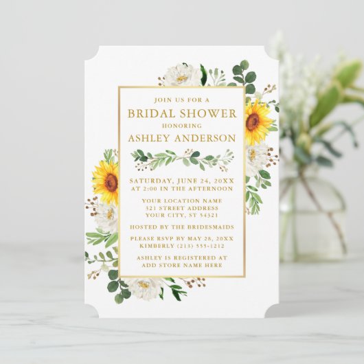 水彩ひまわり花ブライダルシャワー白フローラ 招待状 (スタンド正面)