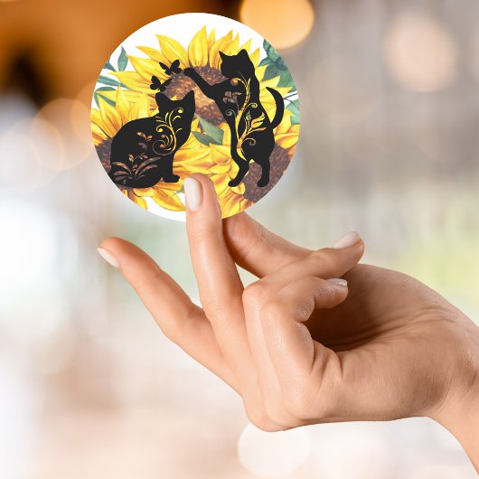 水彩ひまわり花束キャットフローラシルエット ラウンドシール