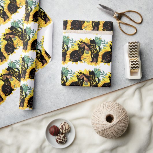 水彩ひまわり花束キャットフローラシルエット ラッピングペーパー (クラフト)