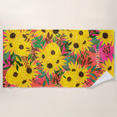 水彩ひまわり花柄ピンク+名前 ビーチタオル (正面)