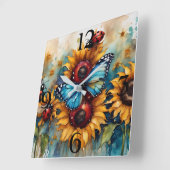 水彩ひまわり花、テンサイと蝶 スクエア壁時計 (傾斜)