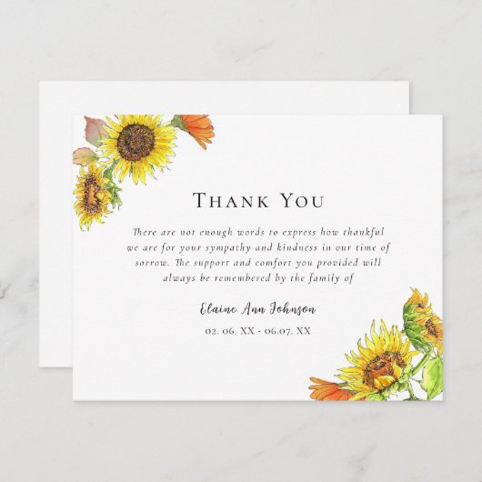 水彩ひまわり葬式悔やみや弔慰ありがとう サンキューカード (正面/裏面)