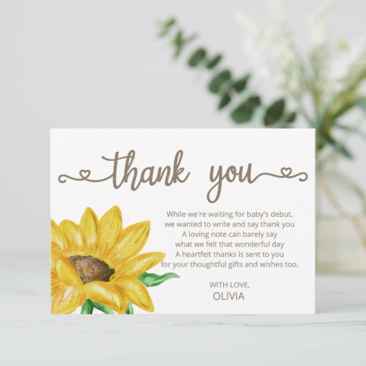 水彩ひまわり赤ちゃんシャワー感謝していユーズ カード (スタンド正面)