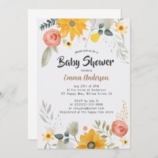 水彩ひまわり赤ちゃんシャワー招待状 招待状 (正面/裏面)