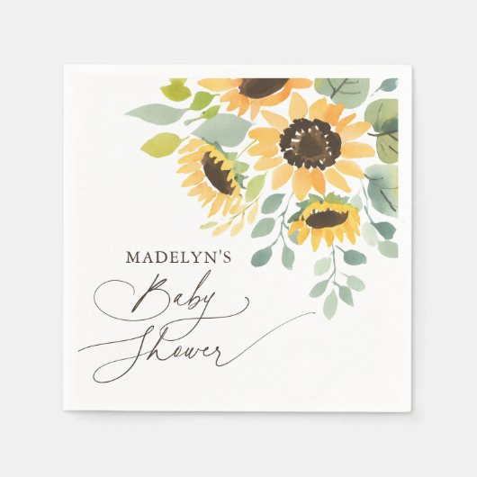 水彩ひまわり赤ちゃんシャワー スタンダードカクテルナプキン (正面)