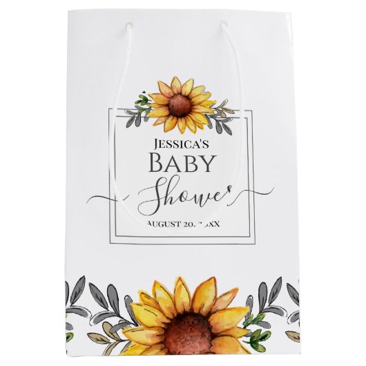 水彩ひまわり赤ちゃんシャワー ミディアムペーパーバッグ (正面)