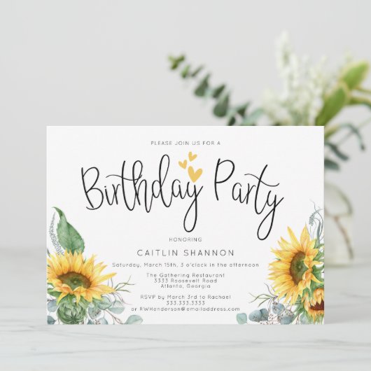 水彩ひまわり黄ストライプ色誕生日パーティー 招待状 (スタンド正面)