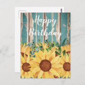 水彩ひまわり&ウッド素朴誕生日 ポストカード (正面/裏面)