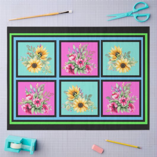 水彩ひまわり&ピンクの花模様デコページ 薄葉紙 (クラフト)