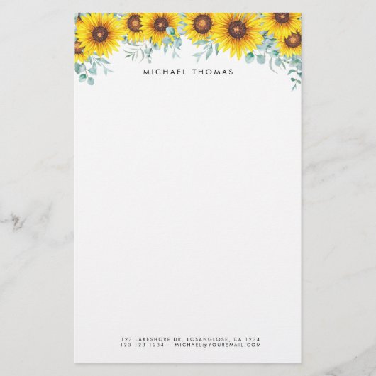 水彩ひまわり&ユーカリパーソナライズされた 便箋 (正面)