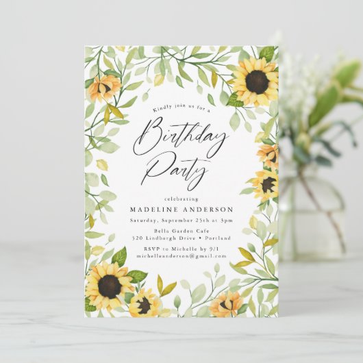 水彩ひまわり&緑の誕生日パーティー 招待状 (スタンド正面)