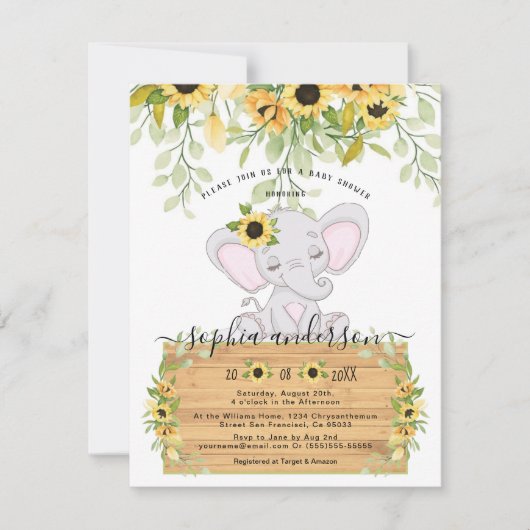 水彩ひまわり&象ガール赤ちゃんシャワー 招待状 (正面)