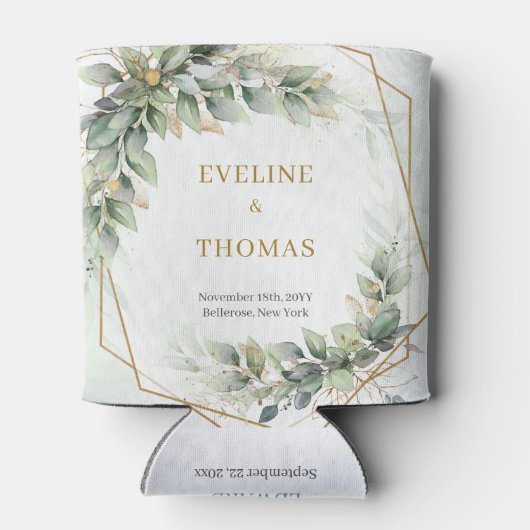 水彩ほこりっぽいグリーンと金ゴールドグリッター結婚ズ 缶クーラー (裏面)