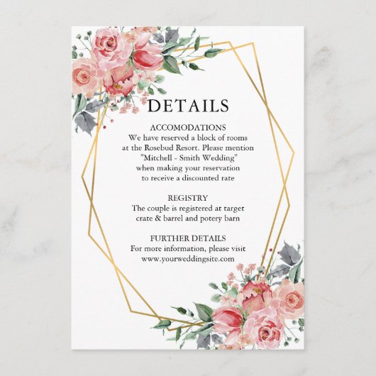 水彩ほこりっぽいバラピンクフローラ結婚ズ詳細 エンクロージャーカード (正面)