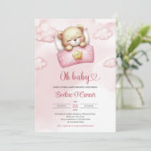 水彩ほこりっぽいピンクとアイボリーの女の子テディベア 招待状 (スタンド正面)