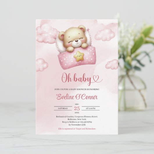 水彩ほこりっぽいピンクとアイボリーの女の子テディベア 招待状 (スタンド正面)