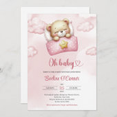 水彩ほこりっぽいピンクとアイボリーの女の子テディベア 招待状 (正面/裏面)