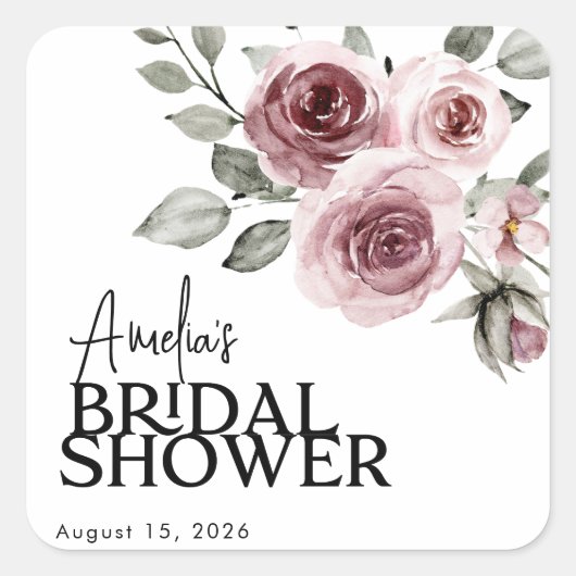 水彩ほこりっぽいピンク結婚フローラブライダルシャワー スクエアシール (正面)
