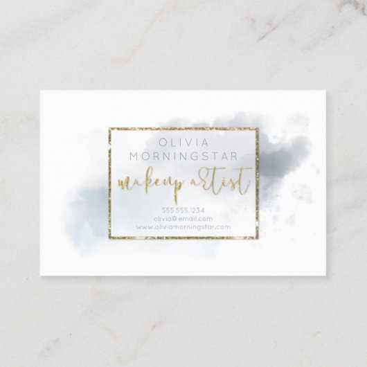 水彩ほこりっぽいブルーと金ゴールドメイクアップ 名刺 (裏面)