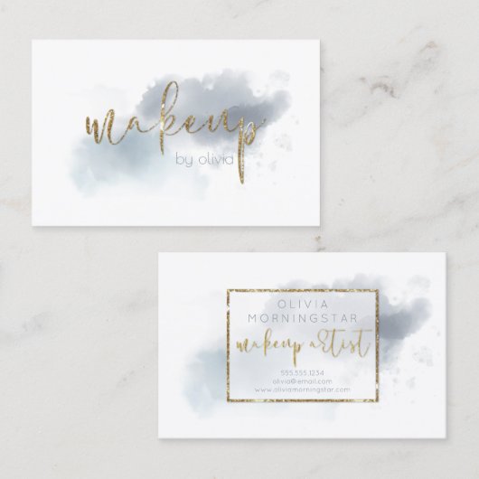 水彩ほこりっぽいブルーと金ゴールドメイクアップ 名刺 (正面/裏面)