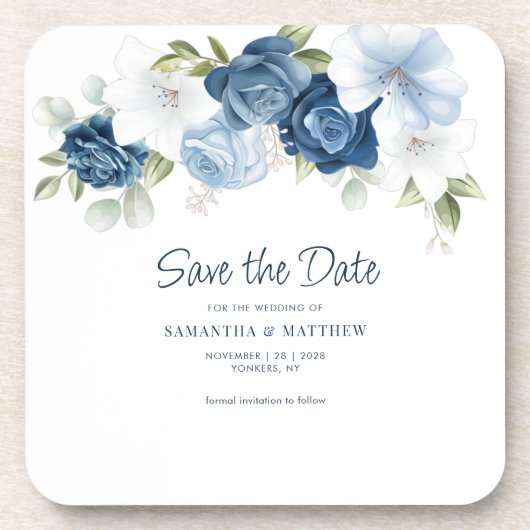 水彩ほこりっぽいブルーウェディング日付を保存 コースター (正面)